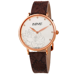 August Steiner AS8242BR Ladies Quartz Watch, White Dial with Diamond Markers, Floral Brown Leather Strap