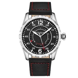 Stuhrling Original Aviator M15980 Mens Watch - Silver Tone Alloy Case with Black Dial, Red Accents, Mineral Crystal