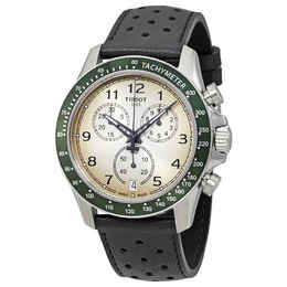 Tissot Mens Chronograph Watch T-Sport V8 - Silver-tone Stainless Steel Case with Black Perforated Leather Strap, Green Top Ring Bezel & Beige Dial, Luminous Hands/Markers, Date Display at 6 O'Clock Position