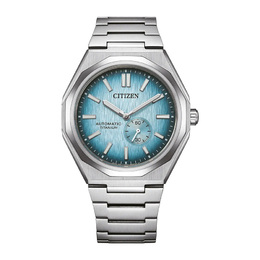 Citizen Zenshin 60 Automatic Light Blue Dial Mens Watch nk5020-58l Silver-tone stainless steel case with silver-tone super titanium bracelet