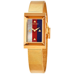 Gucci G-Frame Quartz White, Red, Blue Web Mother of Pearl Dial Ladies Watch ya147410