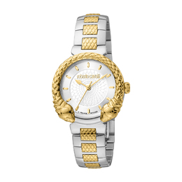 Roberto Cavalli Ladies Quartz Watch - Silver Dial with Yellow Gold Tone Bezel