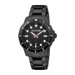 Roberto Cavalli Mens Quartz Fashion Watch - Black Dial, Stainless Steel Case and Bracelet with Bezel, Swiss Made
