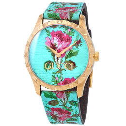 Gucci G-Timeless Aqua Floral Print Dial Ladies Leather Watch ya1264085