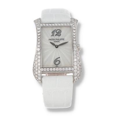 Patek Philippe 4972G Gondolo Serata Diamond White Mother-of-Pearl Guilloche Dial Ladies Watch (black, arb25049)