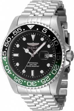 Invicta Pro Diver 48387 - Silver-tone Stainless Steel Mens Watch with Black Dial, Unidirectional Rotating Green Insert Luminous Bezel & Date Function
