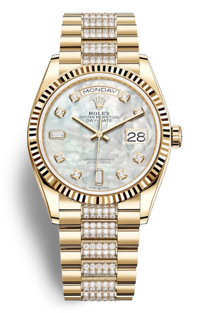 Rolex Day-Date 36 Mother of Pearl Dial Yellow Gold Diamond President Watch Ref: 128238MDDP M128238-0032 (arb5749)