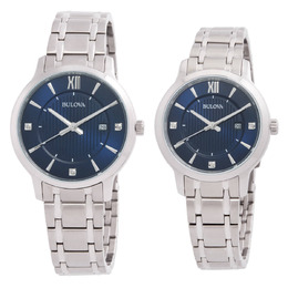 Bulova Classic Quartz Crystal Blue Dial Watch Box Set Watch 96x159