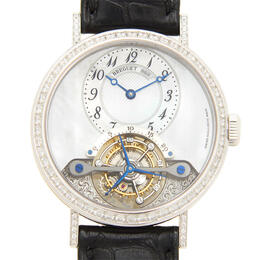 Breguet Tourbillon Mother of Pearl Dial 18kt White Gold Diamond Black Leather Ladies Watch 3358BB52986DD00 3358bb/52/986.dd00