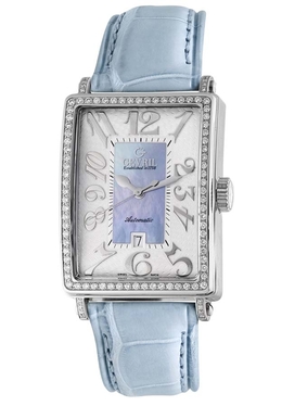 Gevril Glamour Automatic Ladies Watch 6207NL - Elegant Silver Stainless Steel Case With Blue Calfskin Strap, Analog Dial