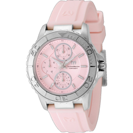 Technomarine Sea Quartz Pink Dial Ladies Watch tm-725013 Silver-tone stainless steel case with pink silicone strap, fixed silver-tone bezel, analog display with date and day sub-dials, 24 hour scale, luminescent markers