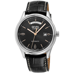 Gevril Excelsior Automatic Mens Watch 48200 - Black Dial, Stainless Steel & Leather