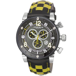 Akribos XXIV Explorer Chronograph Steel Black and White Checkered Leather Strap Watch ak612yl