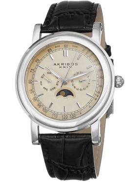 Akribos XXIV Cream Dial Black Leather Mens Watch ak632ssw