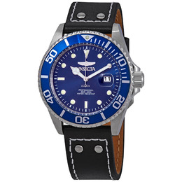 Invicta Pro Diver Mens Watch 22068 Blue Dial, Blue Bezel, Black Leather Strap
