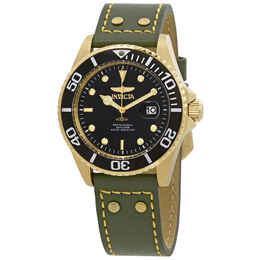 Invicta Pro Diver Mens Watch 22075 - Black Dial Green Leather Strap