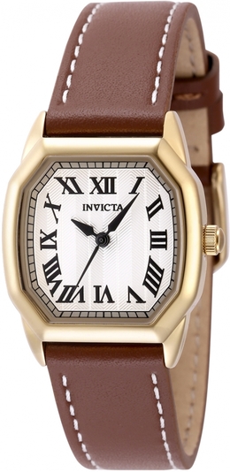 Invicta Wildflower Quartz 48962 Gold-tone stainless steel case with brown leather strap, fixed bezel, silver dial