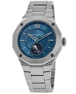 Baume & Mercier Riviera Moon Phase Blue Dial Steel Men's Watch 10682