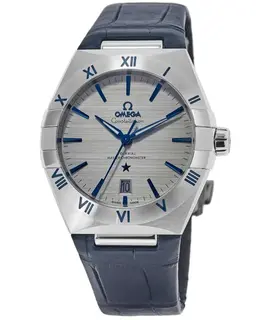 Brand New Authentic Omega Constellation Co-Axial Master Chronometer Grey Dial Blue Leather Strap Men's Watch Model 131.13.39.20.06.002