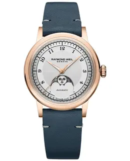 Authentic Raymond Weil Millesime Automatic Moon Phase Silver Dial Watch with Genuine Leather Strap - Model 2145-PC5-05650