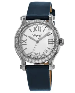 Chopard Happy Sport Medium 36mm Floating Diamonds Custom Diamond Bezel Navy Blue Satin Strap Women's Watch 278582-3001s-CD Blue