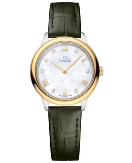Omega De Ville Prestige Quartz 27.5mm Mother of Pearl Diamond Dial 18K Yellow Gold Bezel Green Leather Strap Women's Watch 434.23.28.60.55.001 434.23.