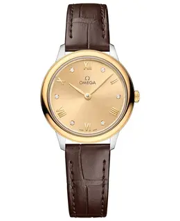 Omega De Ville Prestige Quartz 27.5mm Gold Diamond Dial Leather Strap Women's Watch 434.23.28.60.58.001