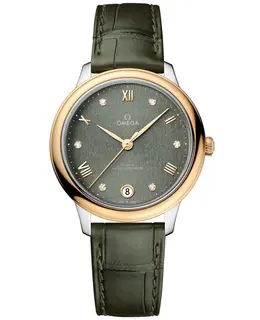 Omega De Ville Prestige Co-Axial Master Chronometer 34mm Automatic Green Diamond Dial 18K Yellow Gold Bezel Leather Strap Women's Watch 434.23.34.20.6 434.23.34.20.60.001