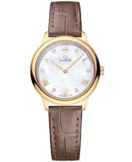 Omega De Ville Prestige Quartz 27.5mm Mother of Pearl Diamond Dial 18k Yellow Gold Leather Strap Women's Watch 434.53.28.60.55.002