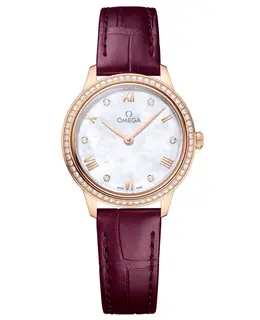 Omega De Ville Prestige Quartz 27.5mm Mother of Pearl Dial Diamond 18k Rose Gold Leather Strap Women's Watch 434.58.28.60.55.001
