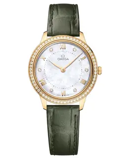Omega De Ville Prestige Quartz 30mm Mother of Pearl Dial Diamond 18k Yellow Gold Leather Strap Women's Watch 434.58.30.60.55.002