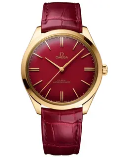 Omega De Ville Tresor Manual Winding Chronometer Red Dial 18K Rose Gold Model 435.53.40.21