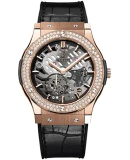 Hublot Classic Fusion Ultra Thin Manual Winding Skeleton Dial 18K Rose Gold Diamond Bezel Leather Strap Men's Watch 515.ox.0180.lr.1104 515.OX.0180.LR