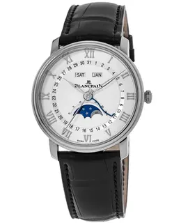 Blancpain Villeret Complete Calendar Moonphase Automatic Watch - Men's | Polished Stainless Steel Case & Black Crocodile Leather Strap | White Dial