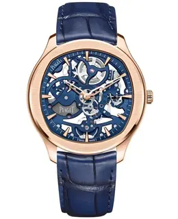 Piaget Polo Skeleton Watch G0A46009: Authentic Rose Gold & Leather Strap Men's Timepiece
