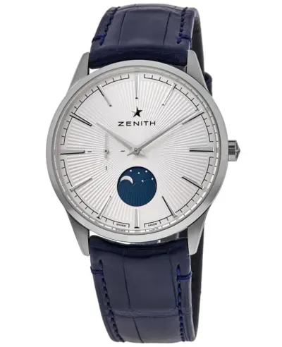 Authentic New Zenith Elite Automatic Moonphase Men's Watch with Silver Dial, Leather Strap - Model 03.3100.692/01.C922 (arb9268)