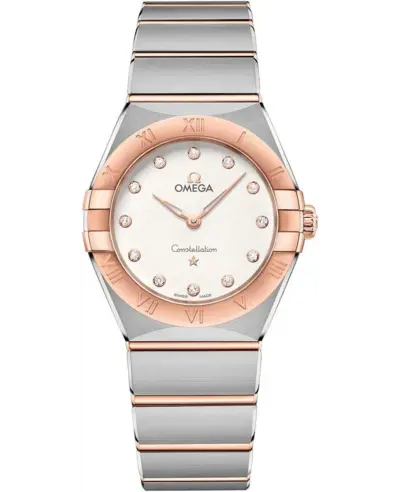 the Omega Constellation Manhattan Quartz 28mm Silver Dial Diamond Rose Gold and Stainless Steel Women's Watch model 13120286052001 131.20.28.60.52.001 (arb9422)