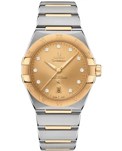 Brand New Authentic Omega Constellation Co-Axial Master Chronometer Model 13120392058001 Champagne Diamond Dial Yellow Gold and Stainless Steel Men's Watch 131.20.39.20.58.001 (arb9452)