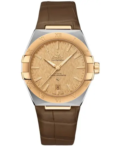 Omega Constellation Co-Axial Master Chronometer 131.23.39.20.08.001 Champagne Dial Yellow Gold Brown Strap Men's Watch (arb9456)