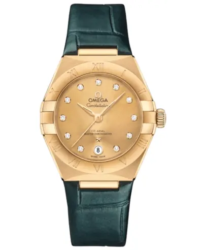 Omega Constellation Co-Axial Master Chronometer 13153292058001 Champagne Diamond Dial Yellow Gold Blue Leather Strap Women's Watch 131.53.29.20.58.001 (arb9511)