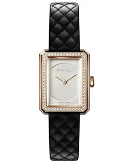 Authentic Chanel Boy-Friend H6590 18K Beige Gold Silver Dial Diamond Bezel Leather Strap Women's Watch