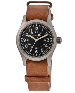 New Authentic Hamilton H69439531 Khaki Field Hand Wound Black Dial Men's Watch 38mm Stainless Steel & Brown Leather Case with Tang Clasp and Sapphire Crystal