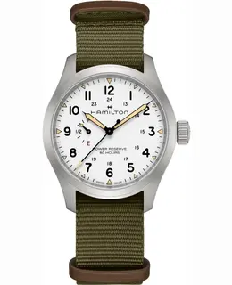 HAMILTON KHAKI FIELD MECHANICAL POWER RESERVE WHITE DIAL FABRIC STRAP MEN'S WATCH H69509910