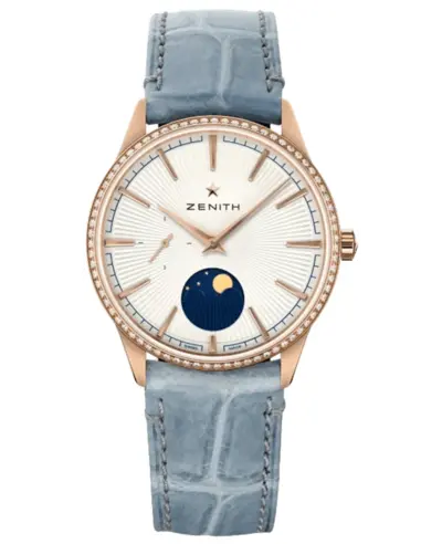 Zenith Elite Moonphase Automatic Silver Dial 18K Rose Gold Bezel Blue Leather Strap Women's Watch Model 22.3200.692/01.C832 (arb9758)