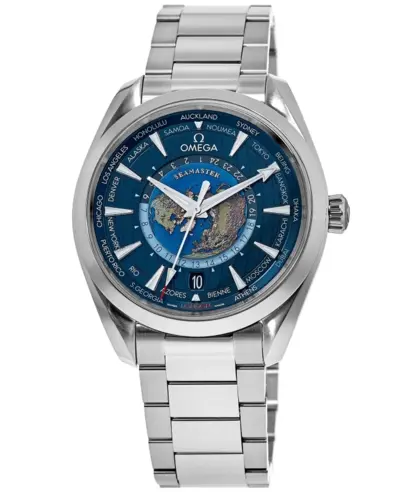 Brand New Authentic Omega Seamaster Aqua Terra 220.10.43.22.03.001, Polished Stainless Steel Worldtimer Blue Dial (blue, arb9802)