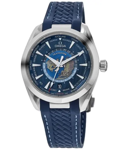 Omega Seamaster Aqua Terra 150M Automatic Worldtimer Blue Dial Rubber Strap Men's Watch Model: 220.12.43.22.03.001 (blue, arb9818)