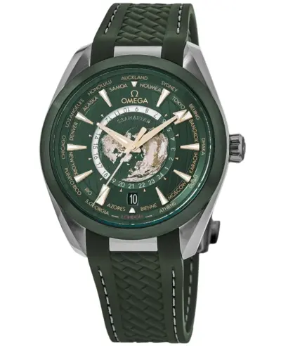 OMEGA Seamaster Aqua Terra Co-Axial GMT Worldtimer Automatic Green Dial Rubber Strap Men's Watch Model 220.32.43.22.10.001 (green, arb9861)