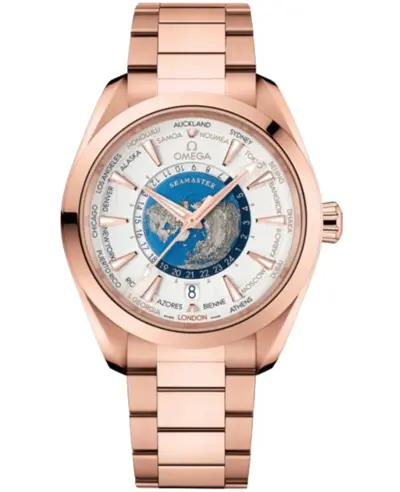 Omega Seamaster Aqua Terra 220504322/601 Co-Axial Master Chronometer GMT Worldtimer Automatic Silver Dial Rose Gold Men's Watch 220.50.43.22.02.001 (arb9865)