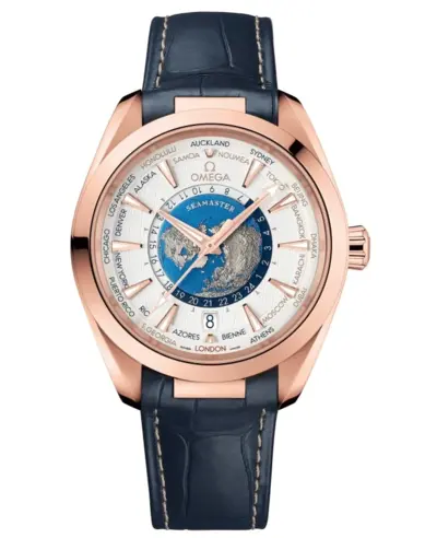 Omega Seamaster Aqua Terra 150m Master Co-Axial Chronometer GMT Worldtimer Silver Dial Leather Strap Men's Watch Model 220.53.43.22.02.001 (arb9871)