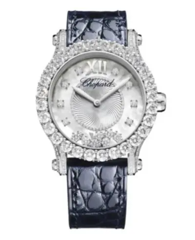 Chopard Happy Sport Joaillerie Mother of Pearl Dial 18K White Gold Diamond Bezel Blue Alligator Leather Strap Women's Watch Model 274809-1001 (arb9962)